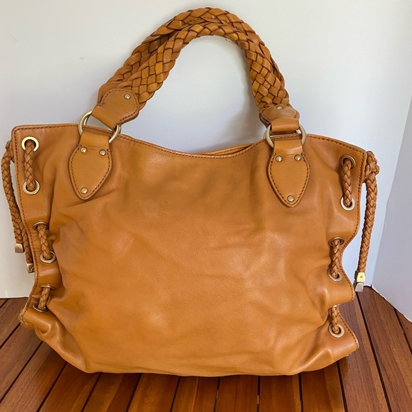 MICHAEL KORS MK COGNAC WHISKEY TAN LEATHER TOTE PURSE SHOULDER BAG DISTRESSED - Picture 3 of 11